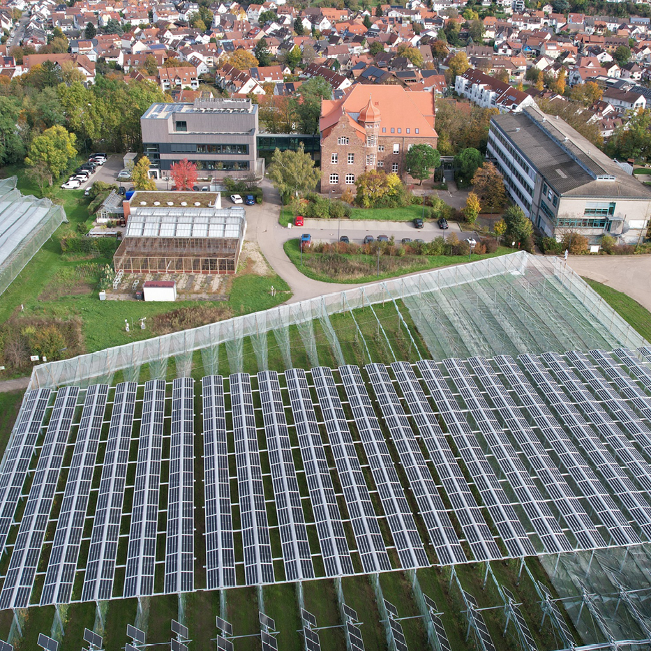 Blick auf PV Anlage vor Gebäuden