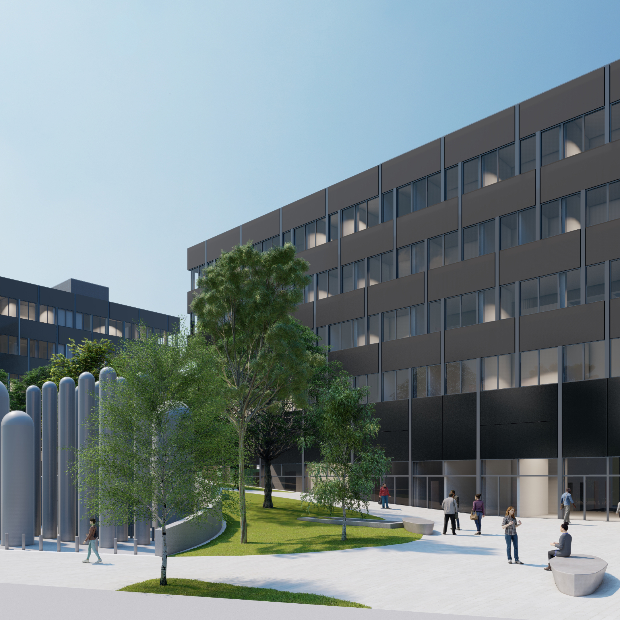 Visualisierung des modernen Institutsgebäude mit mehreren Stockwerken, großen Fenstern und Bäumen. Vor dem Haus stehen Personen und silberne Röhren als Gestaltungselement. Begrünter Campusbereich.